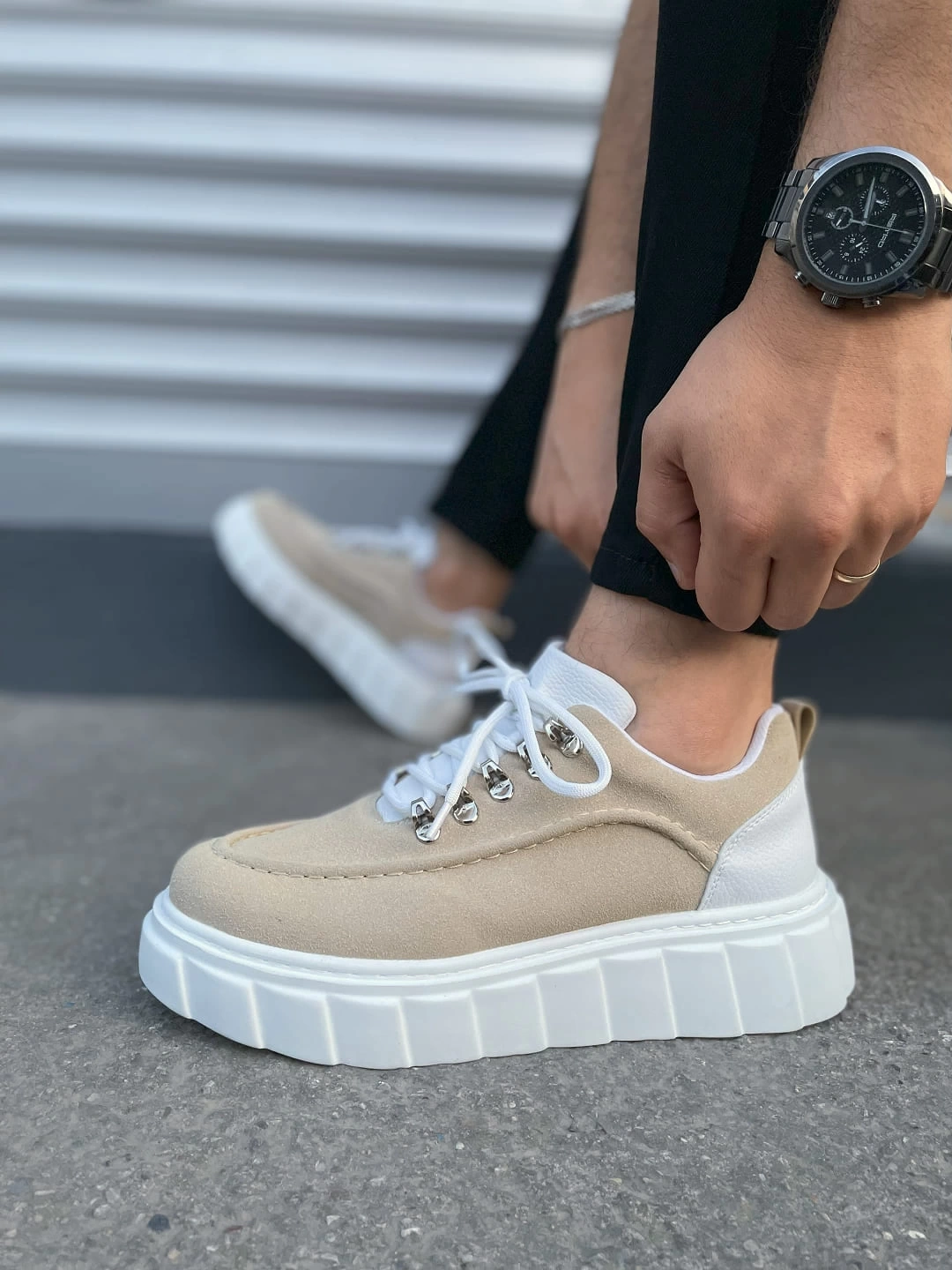 JY010 Cloud Bağcıklı Süet Erkek Günlük Sneaker Ayakkabı SBT - Krem/Beyaz