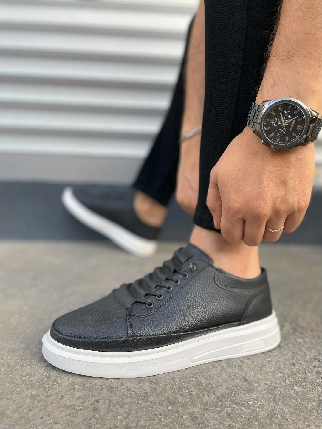 JY0535 Prime Bağcıklı Cilt Erkek Günlük Sneaker Ayakkabı CBT - Siyah