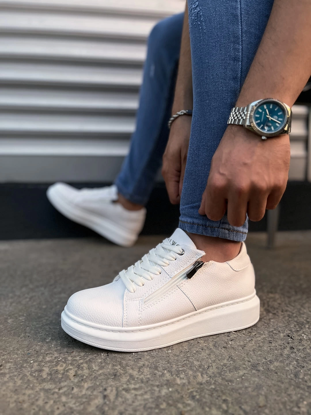 JY155 Warrior Bağcıklı ve Fermuarlı Cilt Erkek Günlük Sneaker Ayakkabı CBT - Beyaz