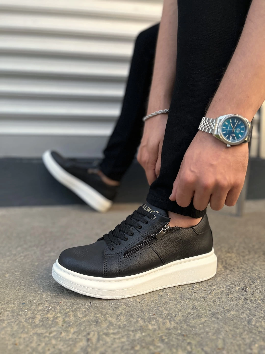 JY155 Warrior Bağcıklı ve Fermuarlı Cilt Erkek Günlük Sneaker Ayakkabı CBT - Siyah