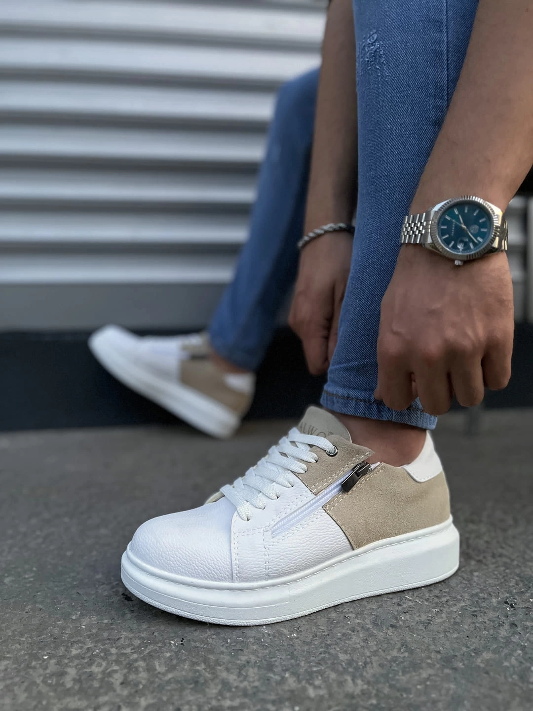 JY155 Warrior Bağcıklı ve Fermuarlı Cilt Süet Erkek Günlük Sneaker Ayakkabı CSBT - Beyaz/Krem