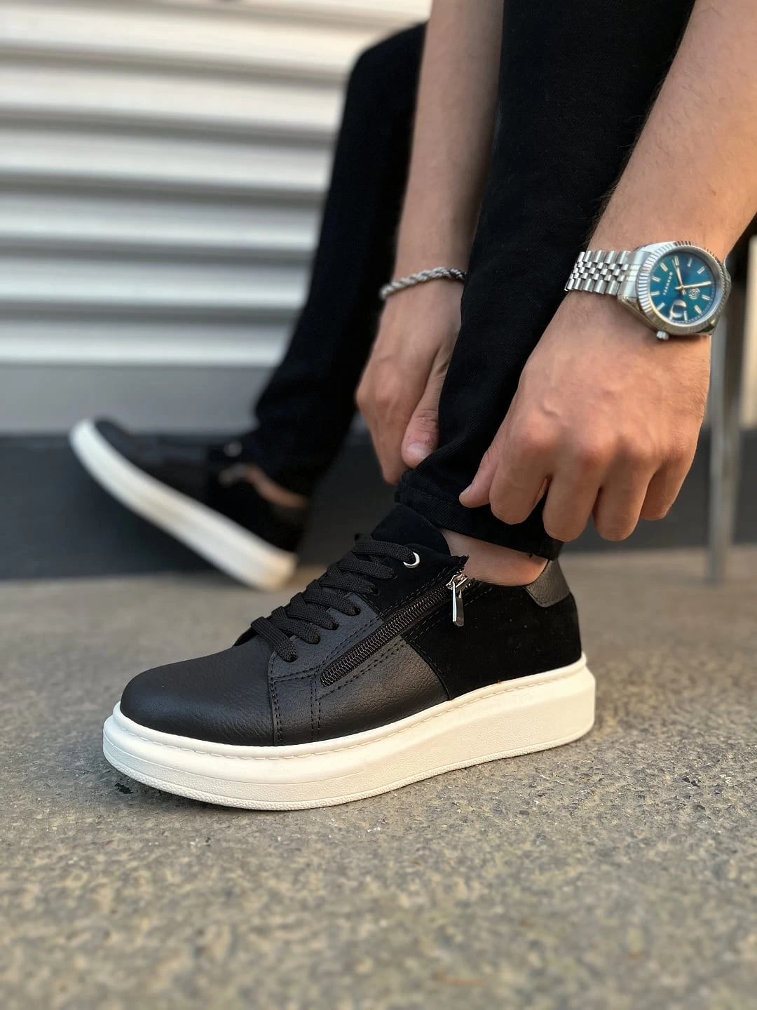 JY155 Warrior Bağcıklı ve Fermuarlı Cilt Süet Erkek Günlük Sneaker Ayakkabı CSBT - Siyah