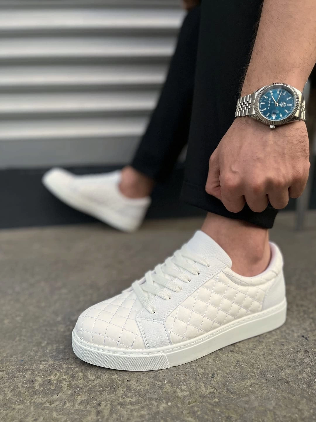 JY166 Prestige Bağcıklı Cilt Kapitone Desenli Erkek Günlük Sneaker Ayakkabı CBT - Beyaz