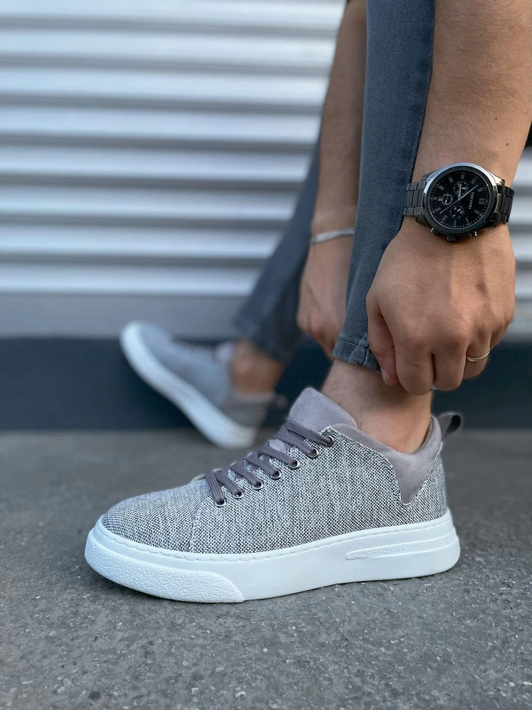 JY204 Flex Bağcıklı Keten Kumaş Erkek Günlük Sneaker Ayakkabı KBT - Gri