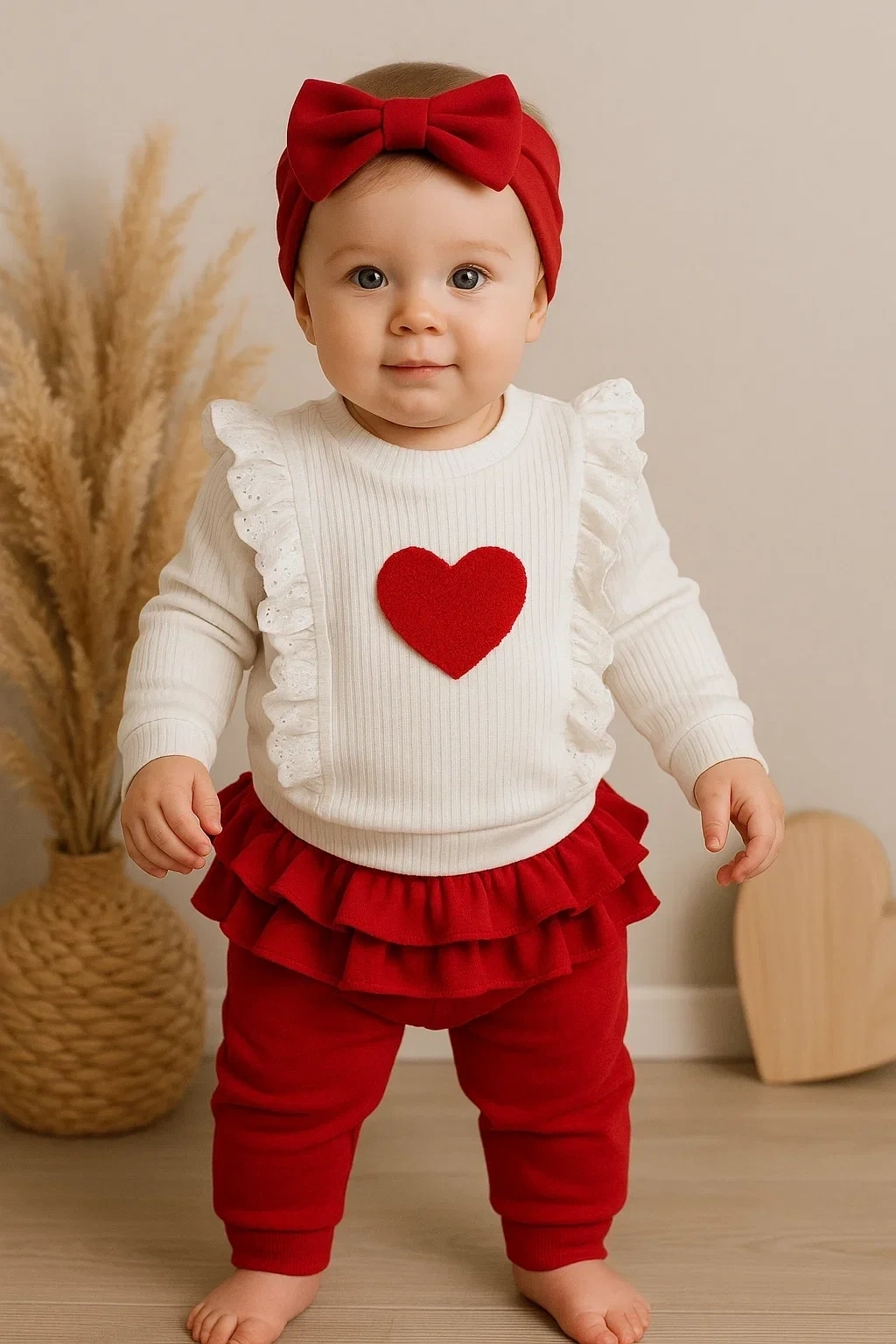 Kalp Baskılı Fırfır Detaylı 3 Parça Kız Bebek Takımı %100 Pamuk