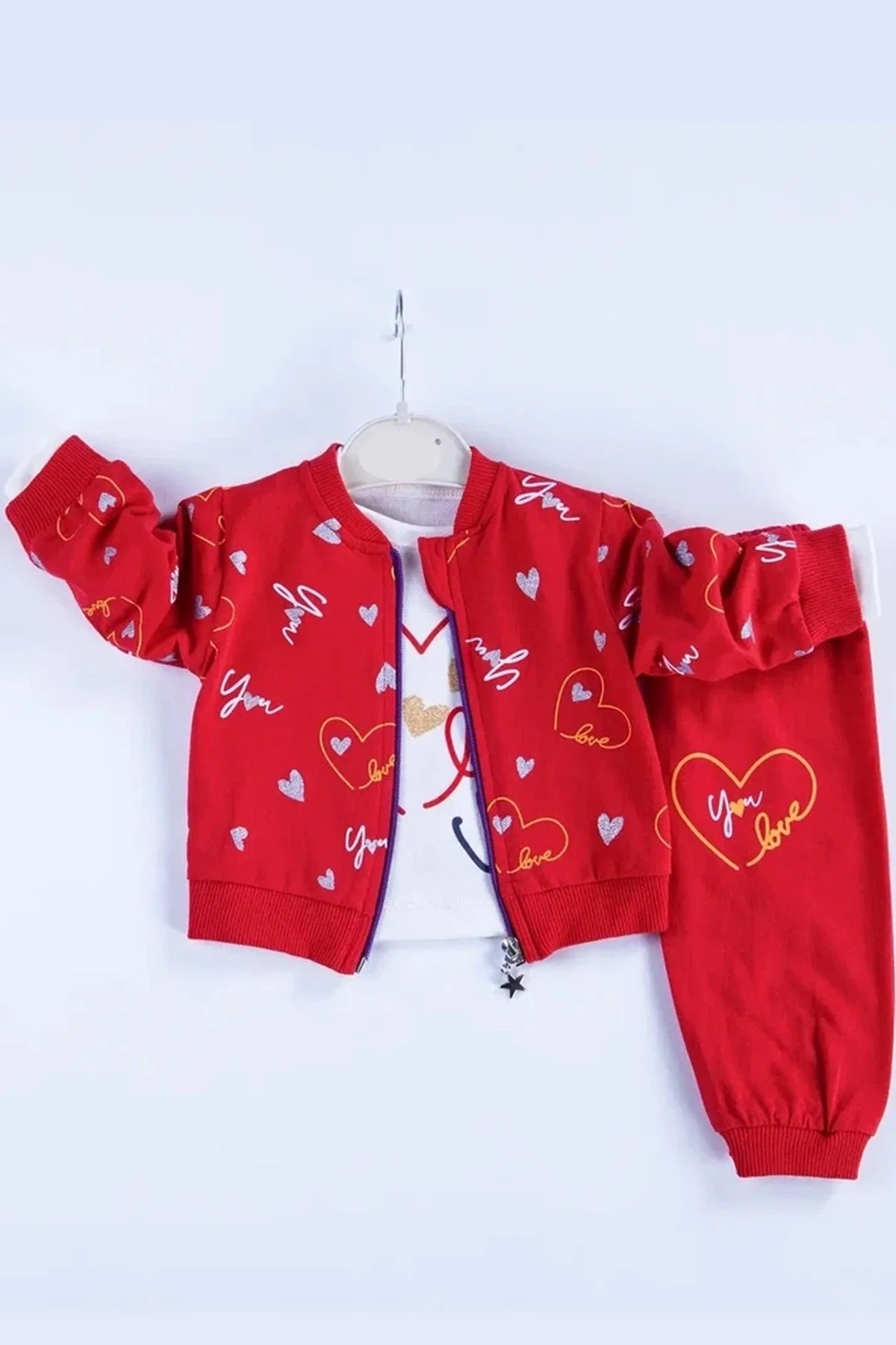 Kalp Desenli Hırkalı Pamuklu 3lü Kız Bebek Takımı