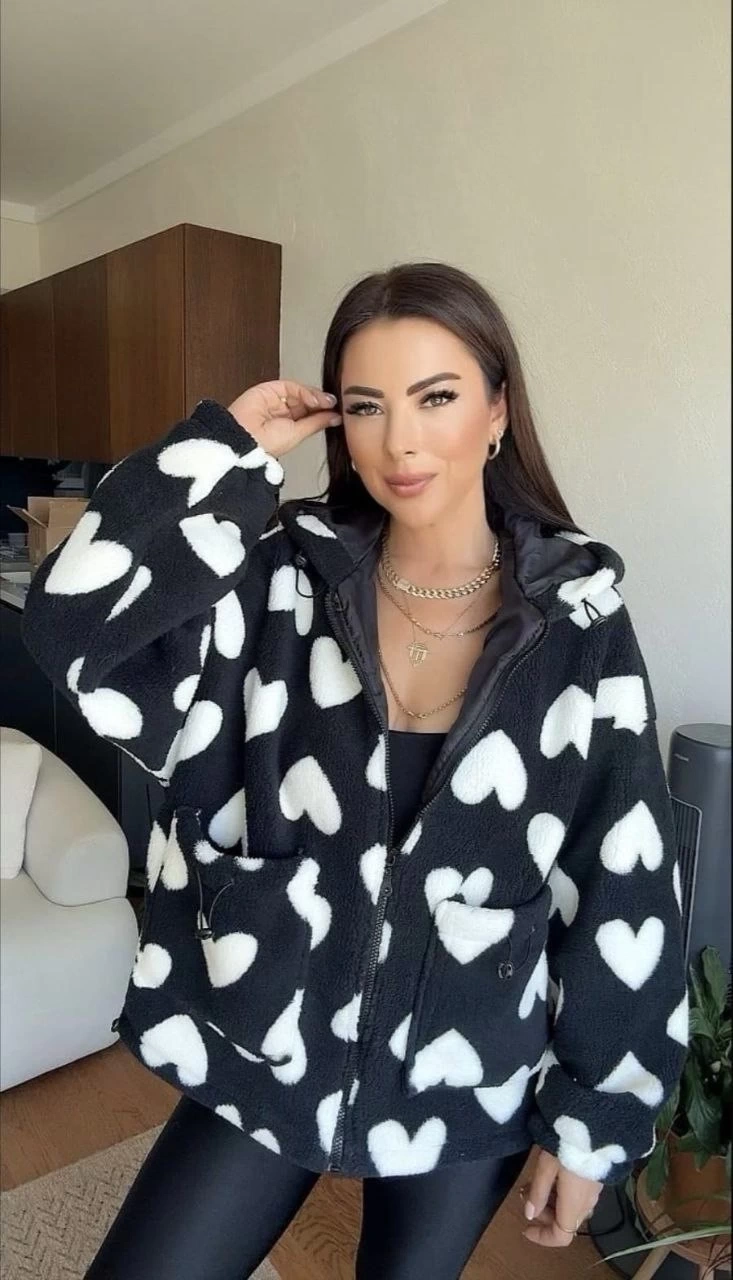 Kalpli peluş ceket içi astarlı siyahbeyaz