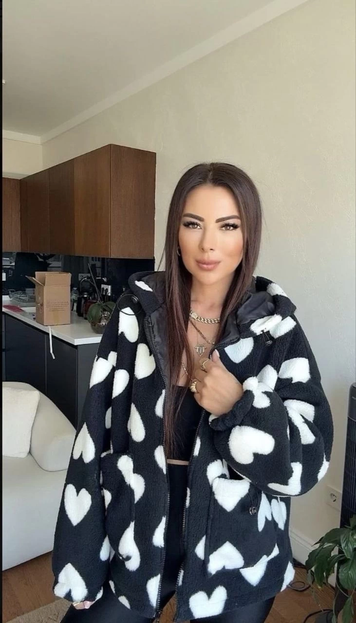Kalpli peluş ceket içi astarlı siyahbeyaz