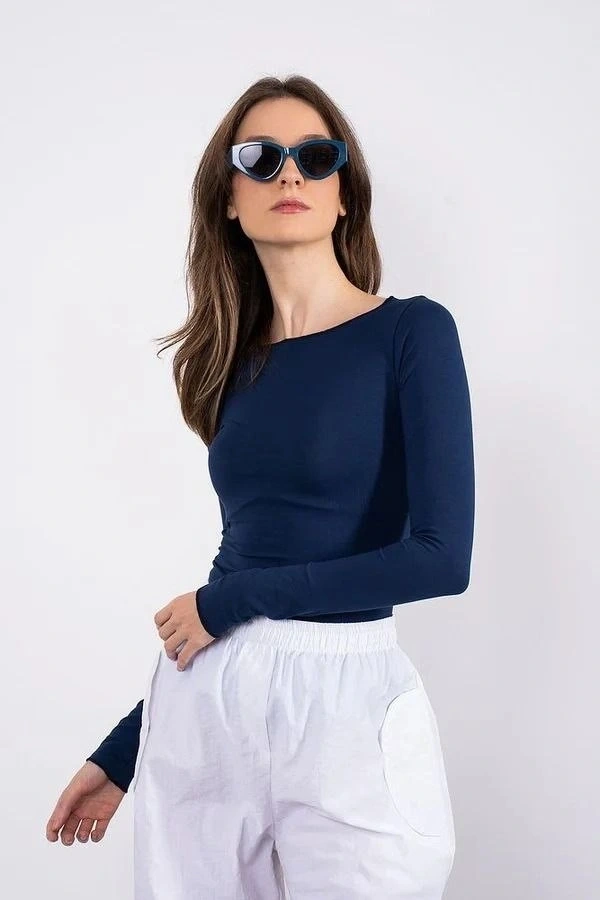 Kayık yaka uzun kollu bluz lacivert pt