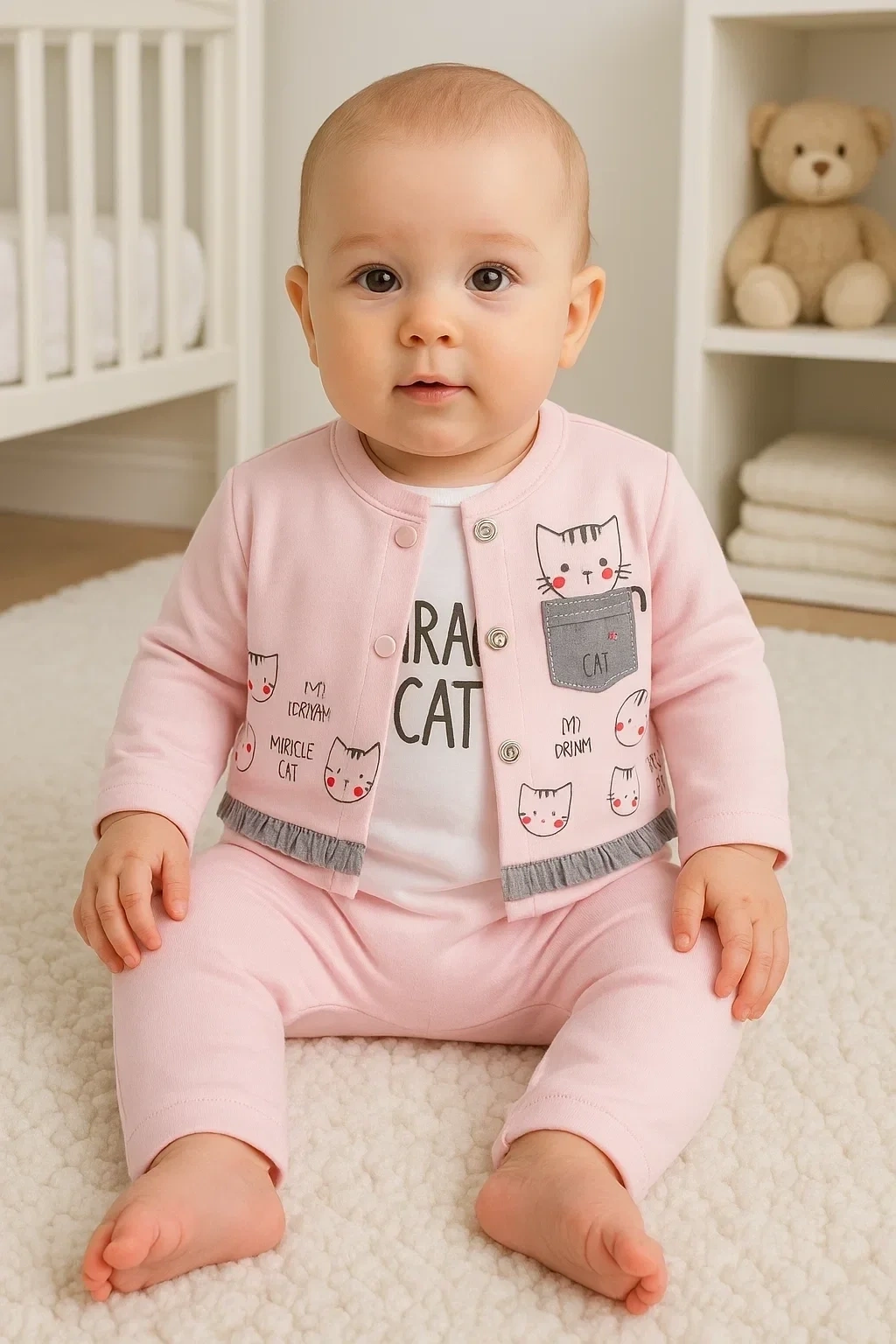 Kedi Desenli 3lü Hırkalı Kız Bebek Takım