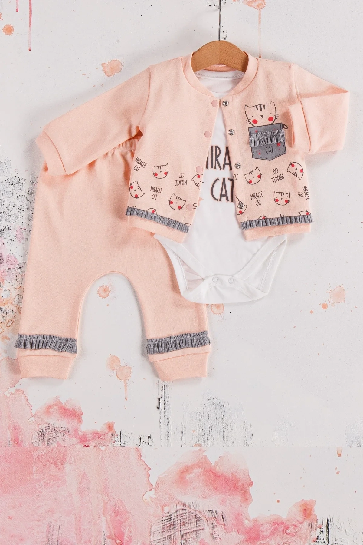 Kedi Desenli 3lü Hırkalı Kız Bebek Takım