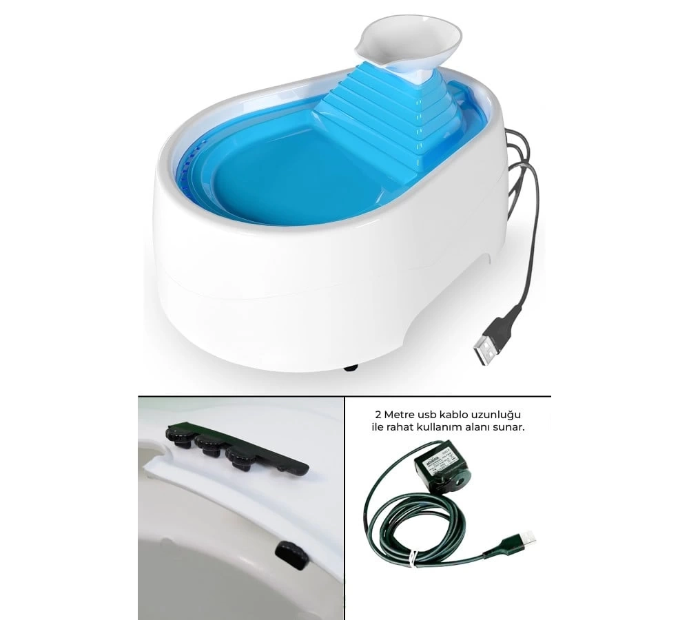 Kedi Köpek Su Pınarı Şelale 2 Litre - 5 volt ( usb'li ) Mavi