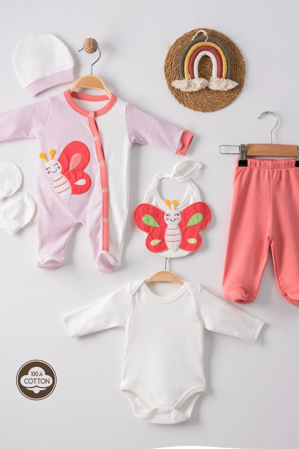 Kelebek Nakışlı Puanlı Tulumlu % 100 Pamuk Kız Bebek 5li Set