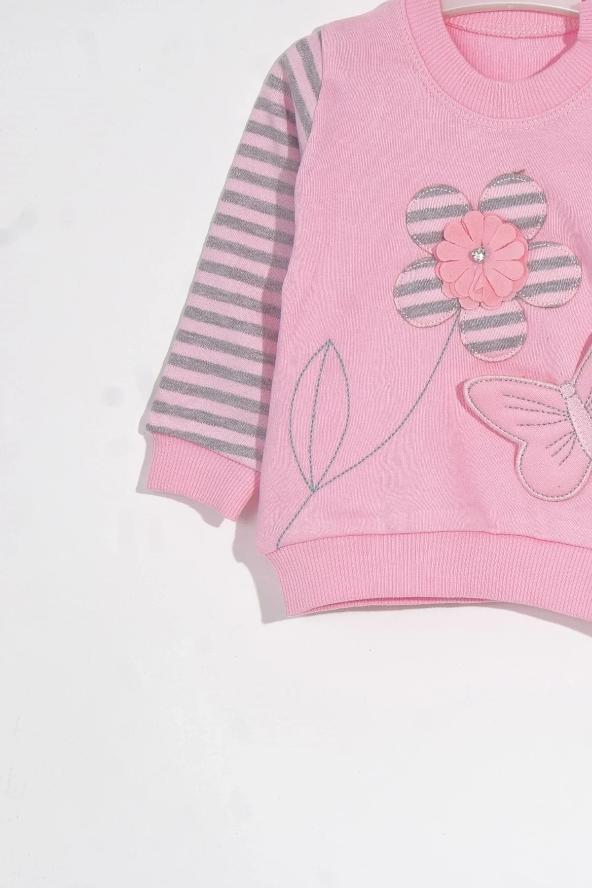 Kelebekli Çiçek Nakışlı Pamuklu 2li Kız Bebek Takımı