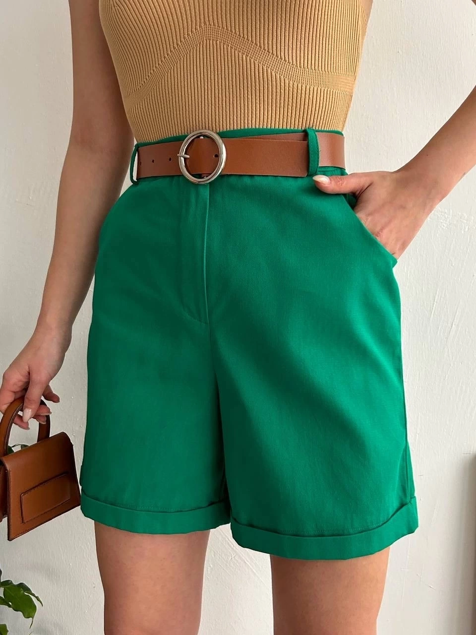 Kemerli gabardin şort yeşil s25735