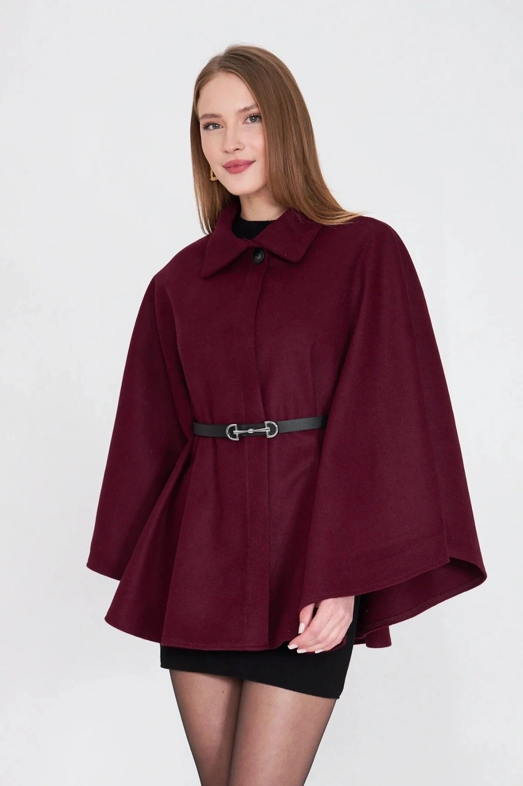 Kemerli kaşe panço bordo pt