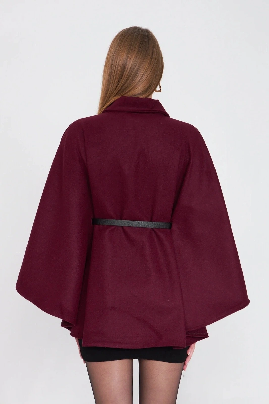 Kemerli kaşe panço bordo pt