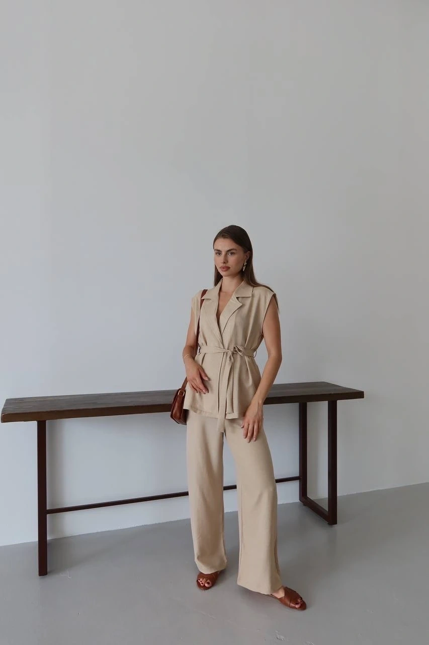 Keten yelek pantolon takım bej pt