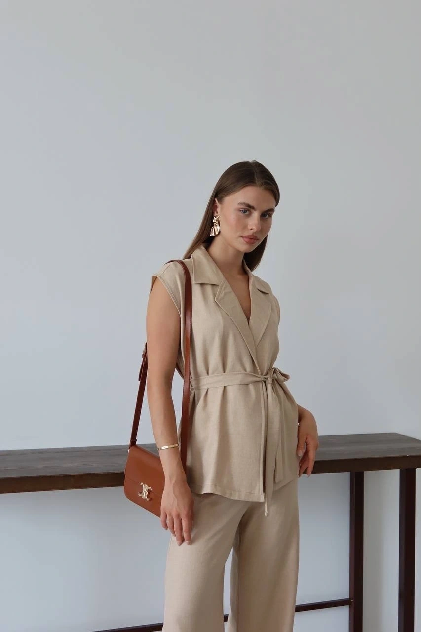 Keten yelek pantolon takım bej pt