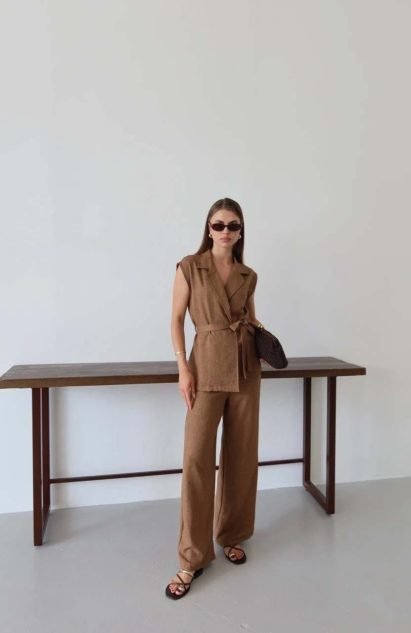 Keten yelek pantolon takım kahve pt