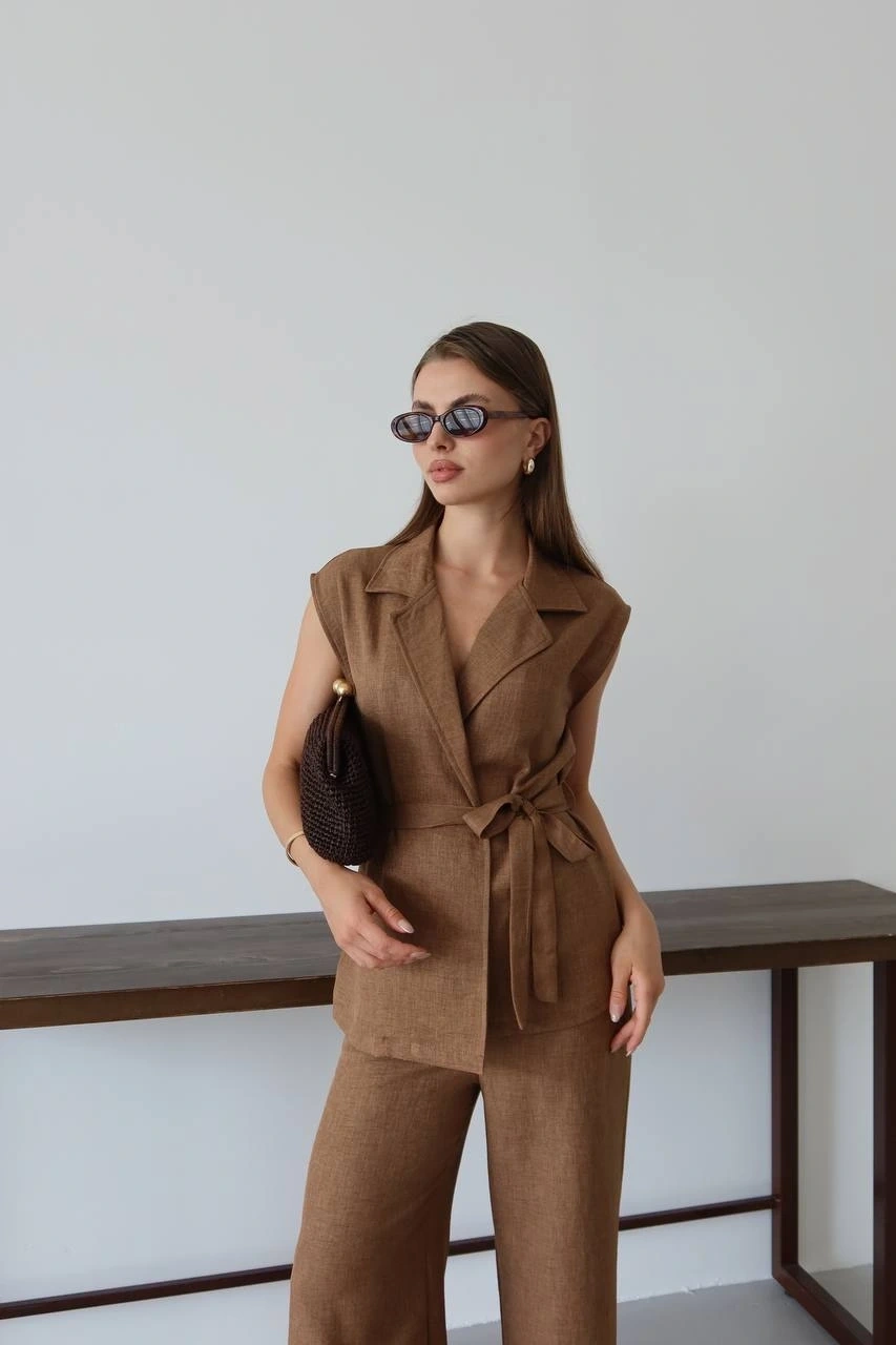 Keten yelek pantolon takım kahve pt