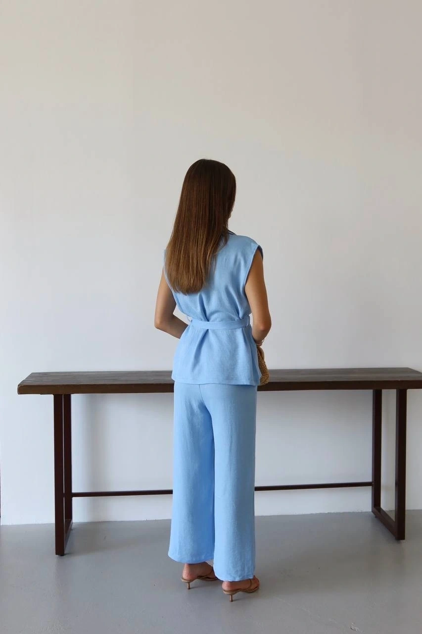 Keten yelek pantolon takım mavi pt