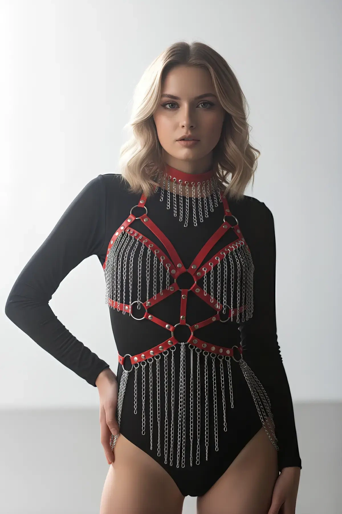 Kırmızı Body Harness Kadın Deri Zincir Detaylı Vücut Aksesuarı - Brf1397