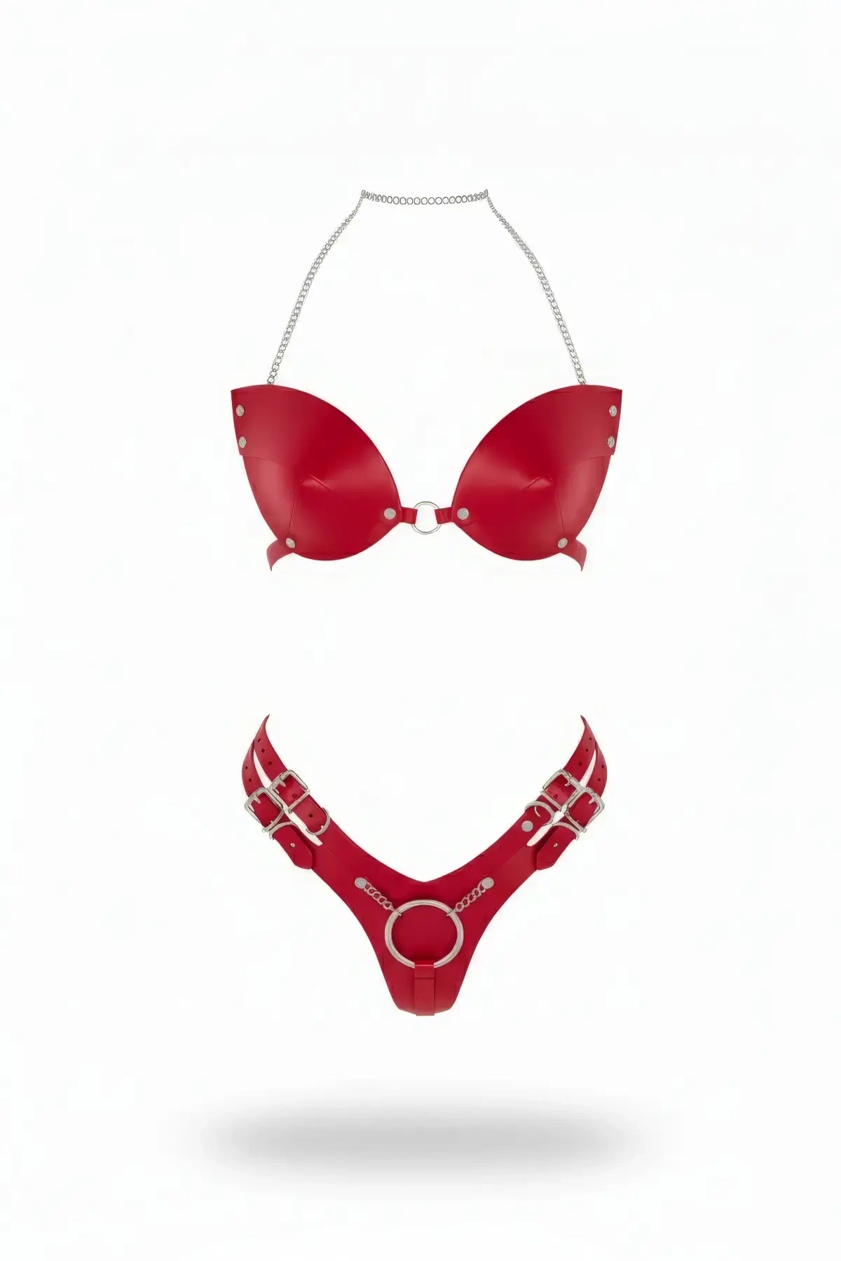 Kırmızı Harness Takım Parlak Deri Zincir Boyun Detaylı - Brf1223
