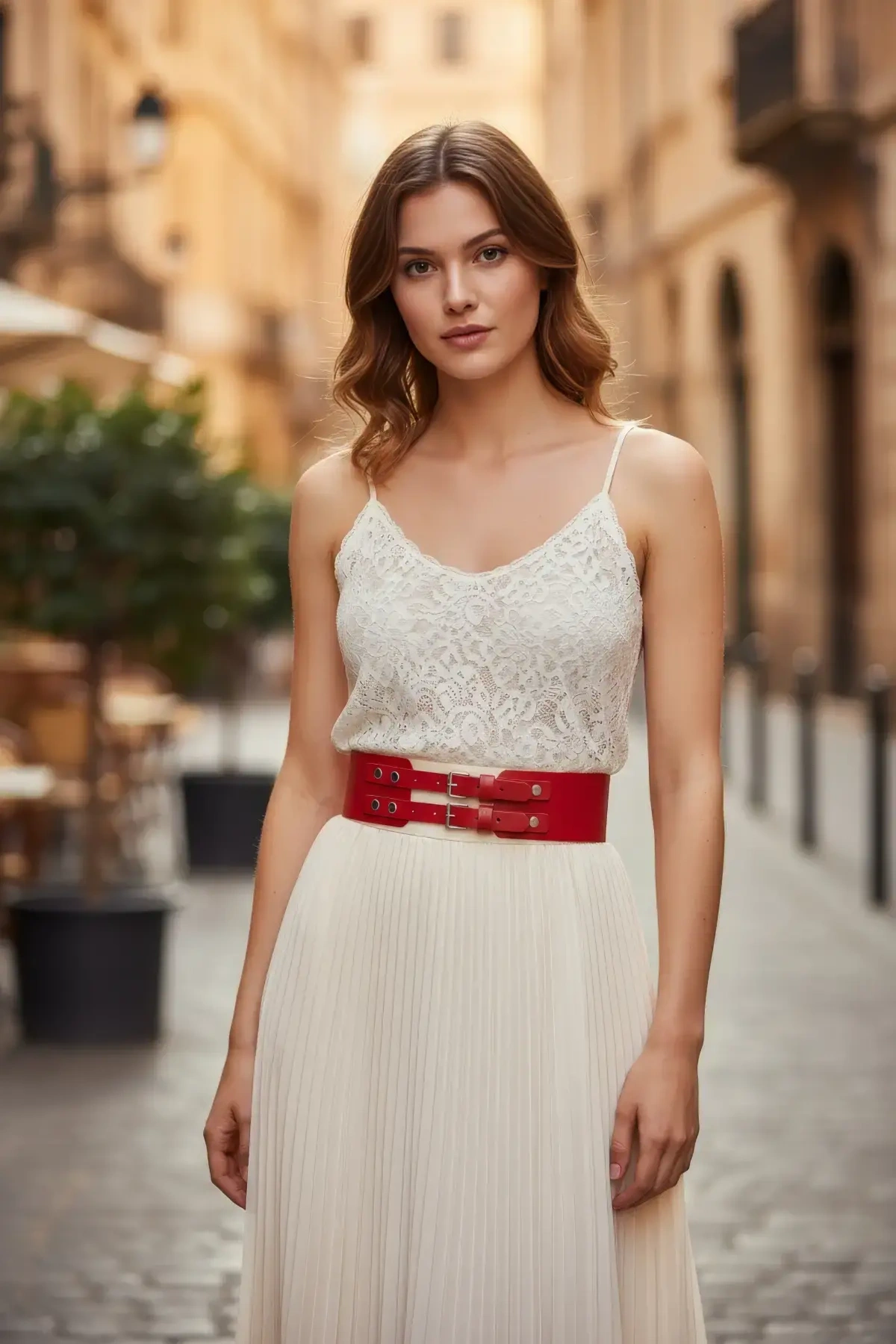 Kırmızı Kadın Kemer Çift Tokalı Geniş Bel Aksesuarı - Brf1203