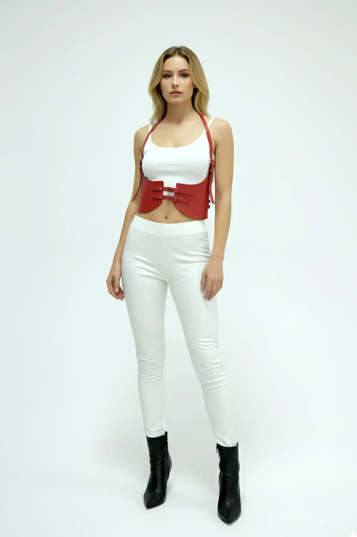 Kırmızı Renk Kalın Kadın Kemeri, Elbise Kemeri, Şık Deri Kemer, Deri Kemer Harness - Brf605