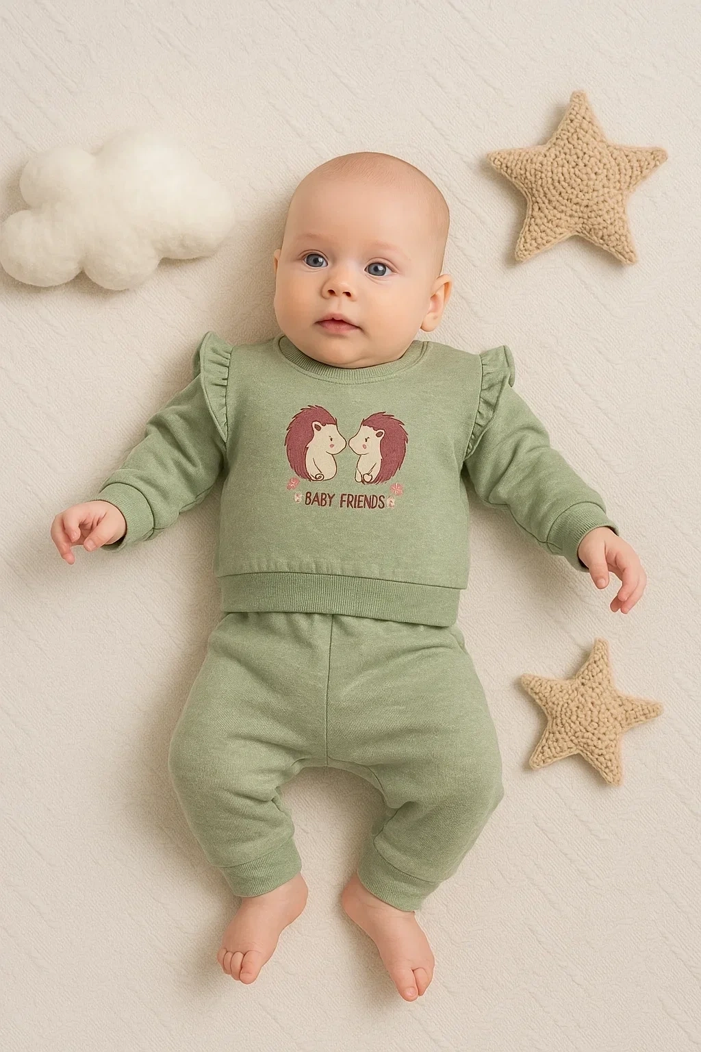 Kirpi Nakışlı % 100 Pamuk 2li Kız Bebek Takım