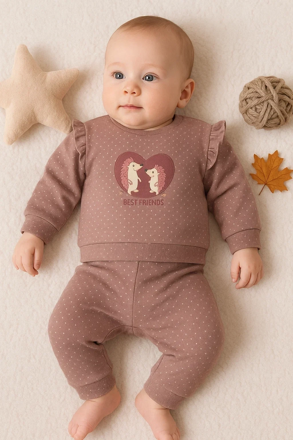 Kirpi Nakışlı % 100 Pamuk 2li Kız Bebek Takım