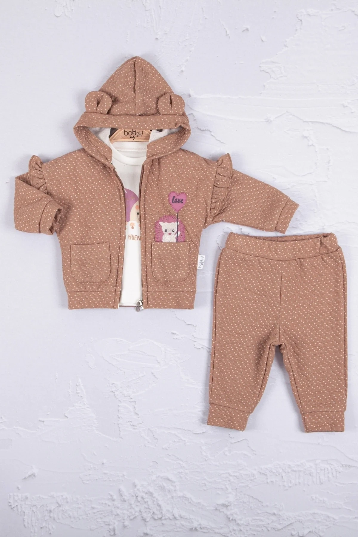 Kirpi Nakışlı % 100 Pamuk 3lü Kız Bebek Takım