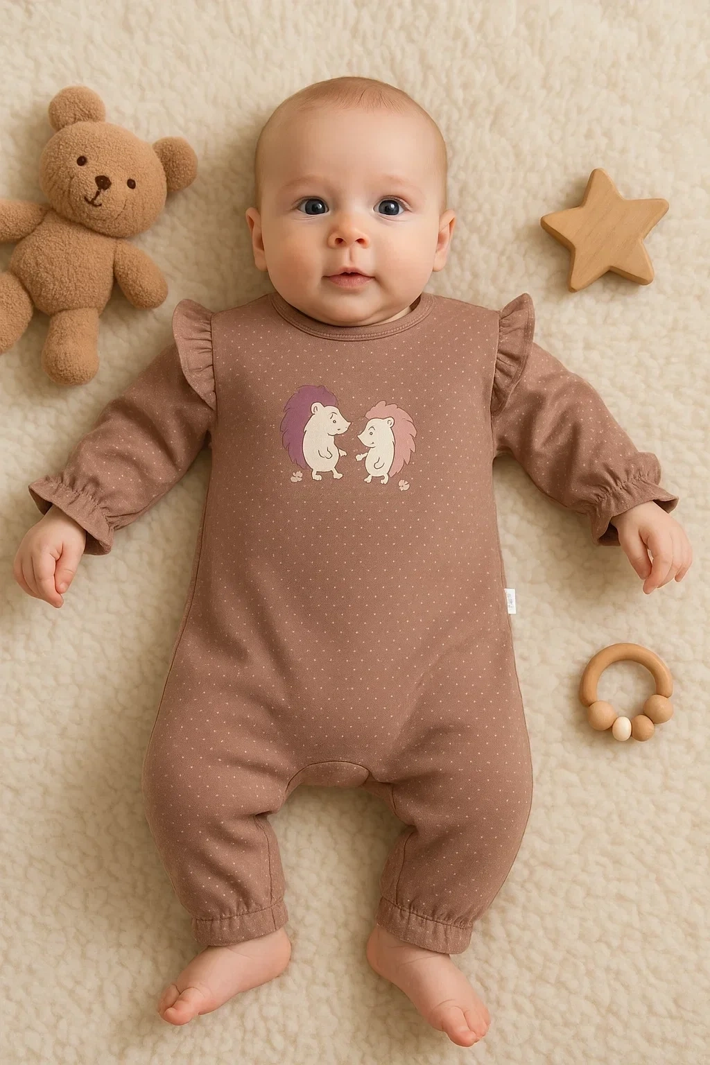 Kirpi Nakışlı % 100 Pamuk Kız Bebek Tulum