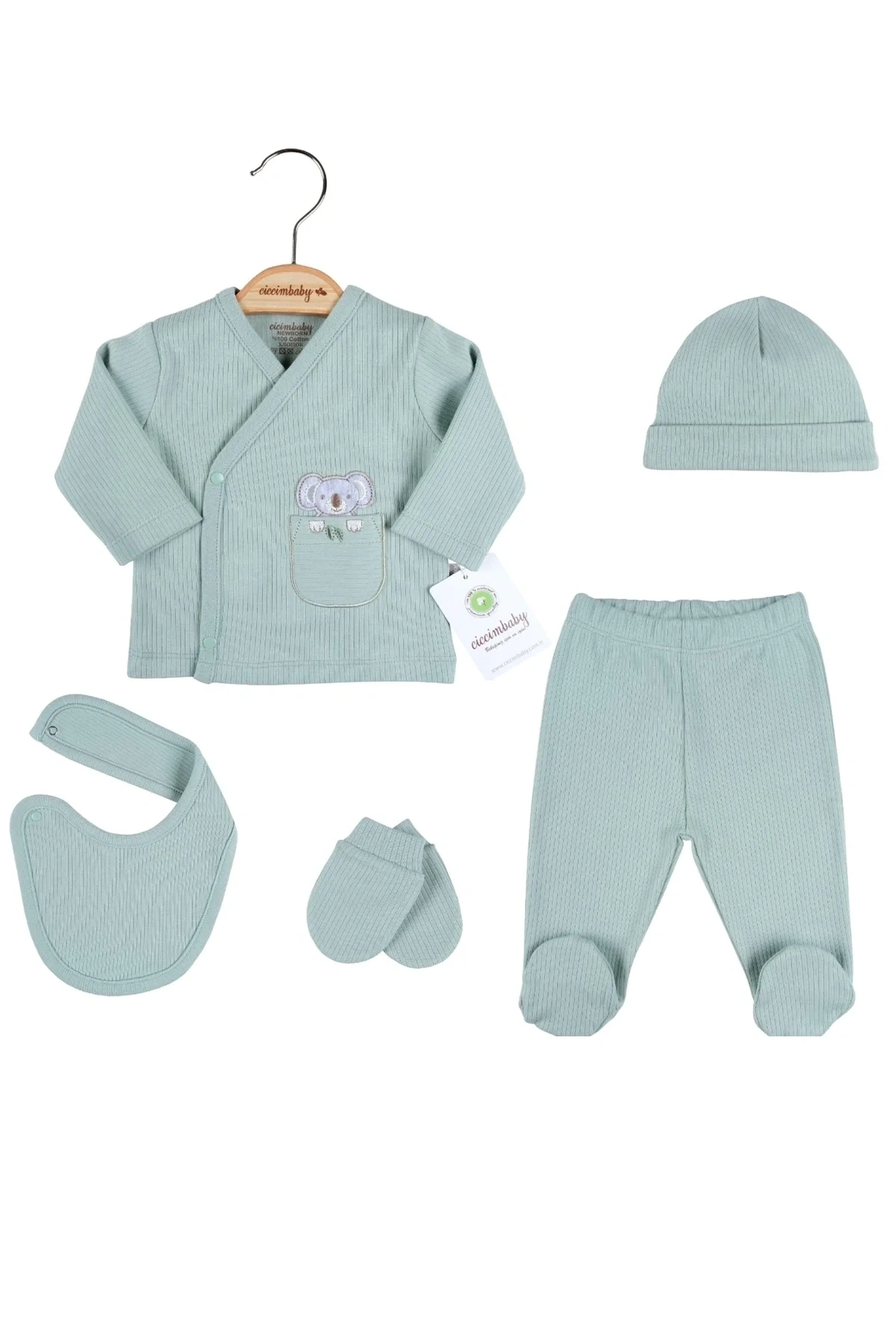 Koala Nakışlı Çizgili 5li % 100 Pamuk Hastane Çıkış Seti