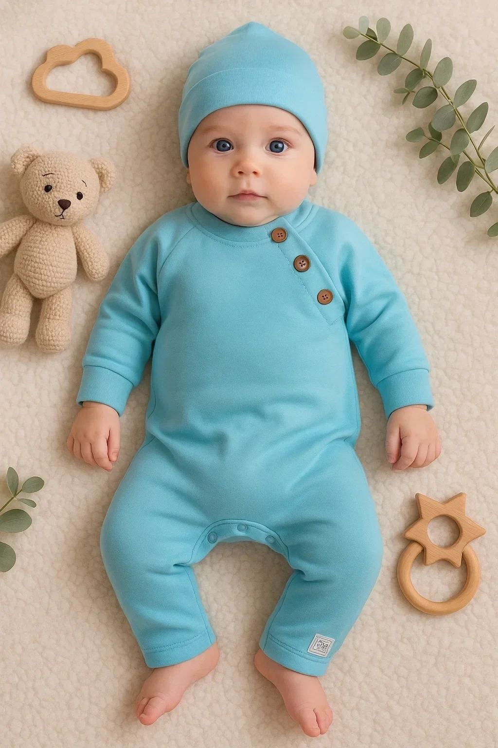 Kollu Düğme Detaylı Unısex Bebek Tulumu