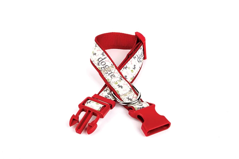 Köpek ve Pati Desenli Dokuma Köpek Boyun Tasması 3 cm x 36-60 cm Kırmızı