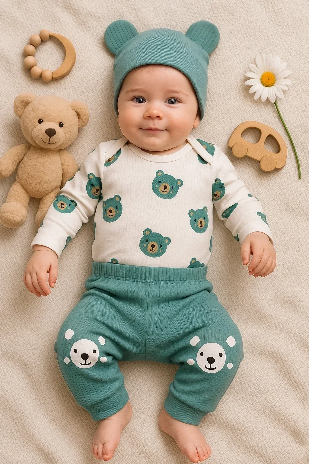 Kulaklı Ayıcık % 100 Pamuk 3lü Erkek Bebek Takım