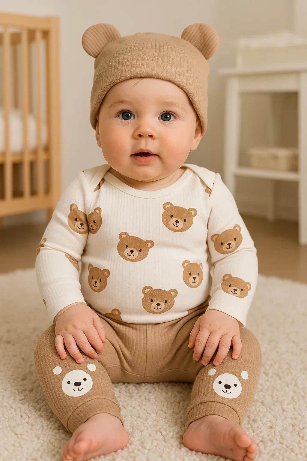 Kulaklı Ayıcık % 100 Pamuk 3lü Erkek Bebek Takım