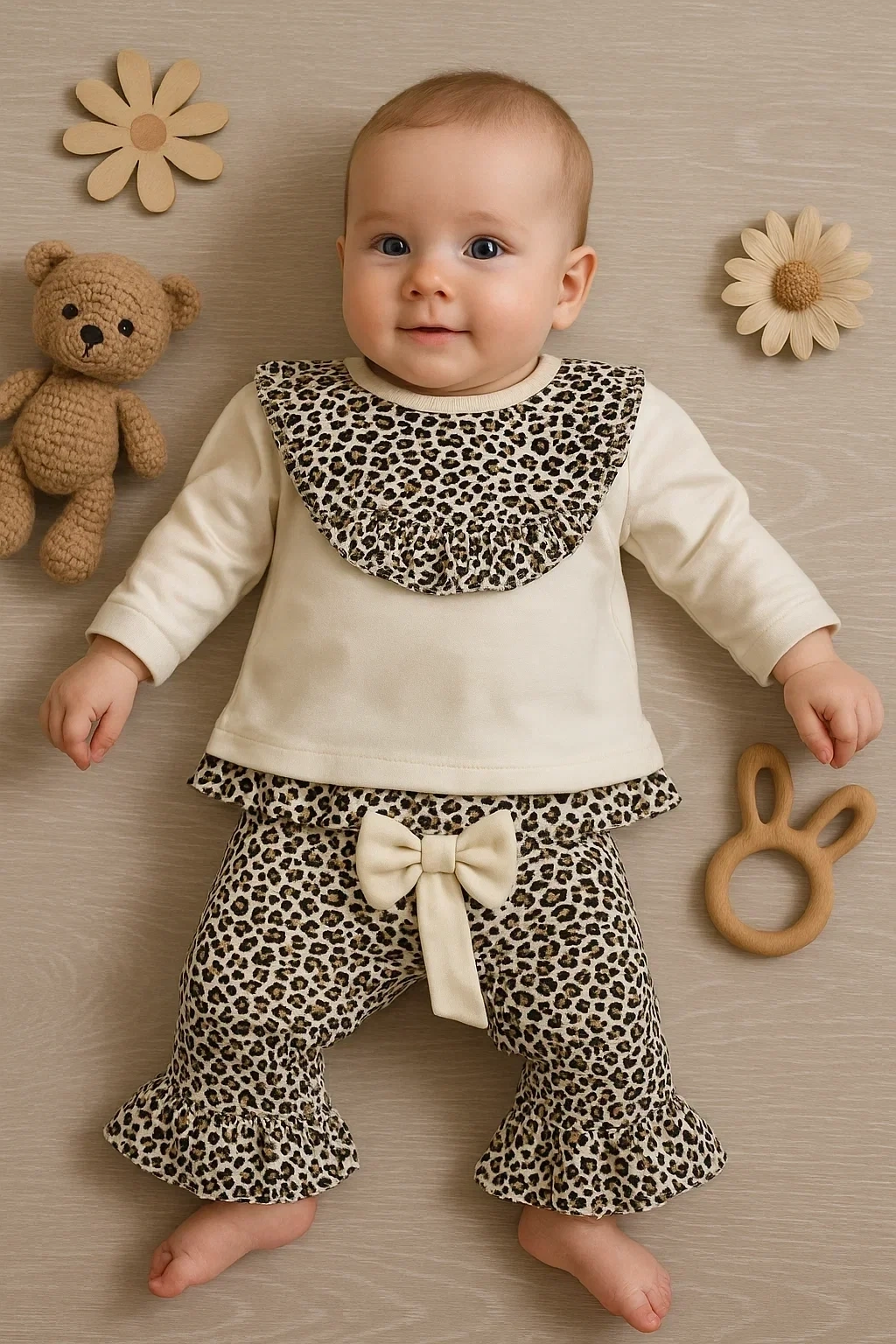 Leopar Detaylı 2li Kız Bebek Takım %100 Pamuk