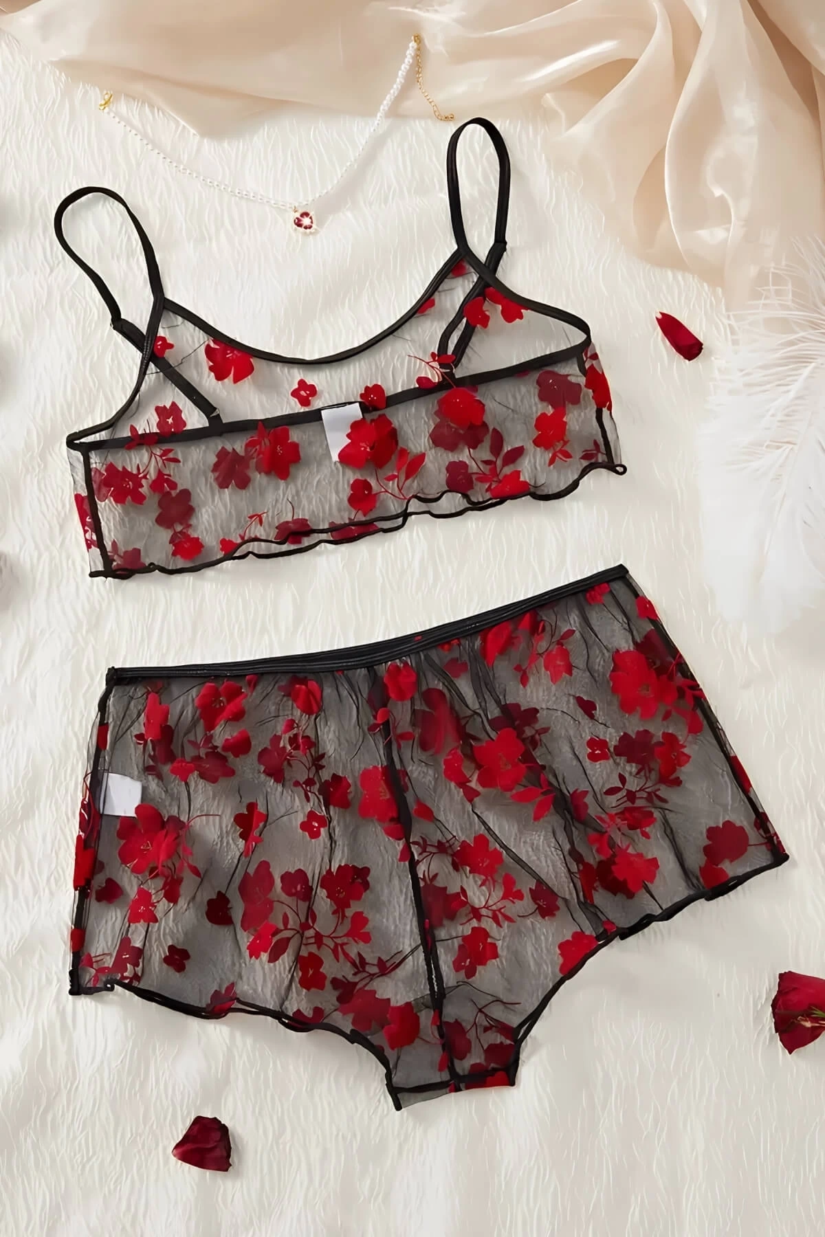 Lesca Çiçek Desenli Siyah Transparan Şortlu Gecelik Tm1377