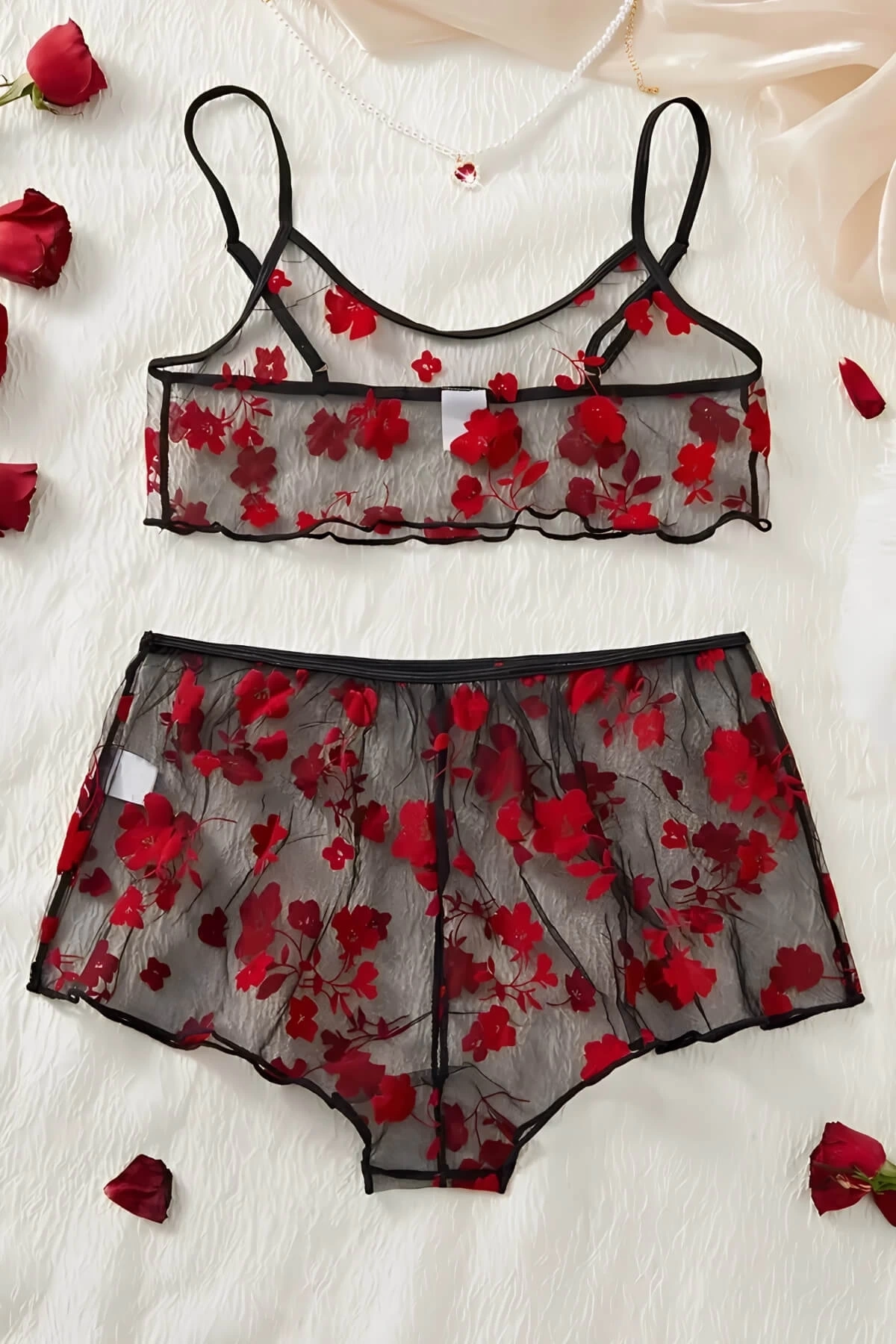 Lesca Çiçek Desenli Siyah Transparan Şortlu Gecelik Tm1377