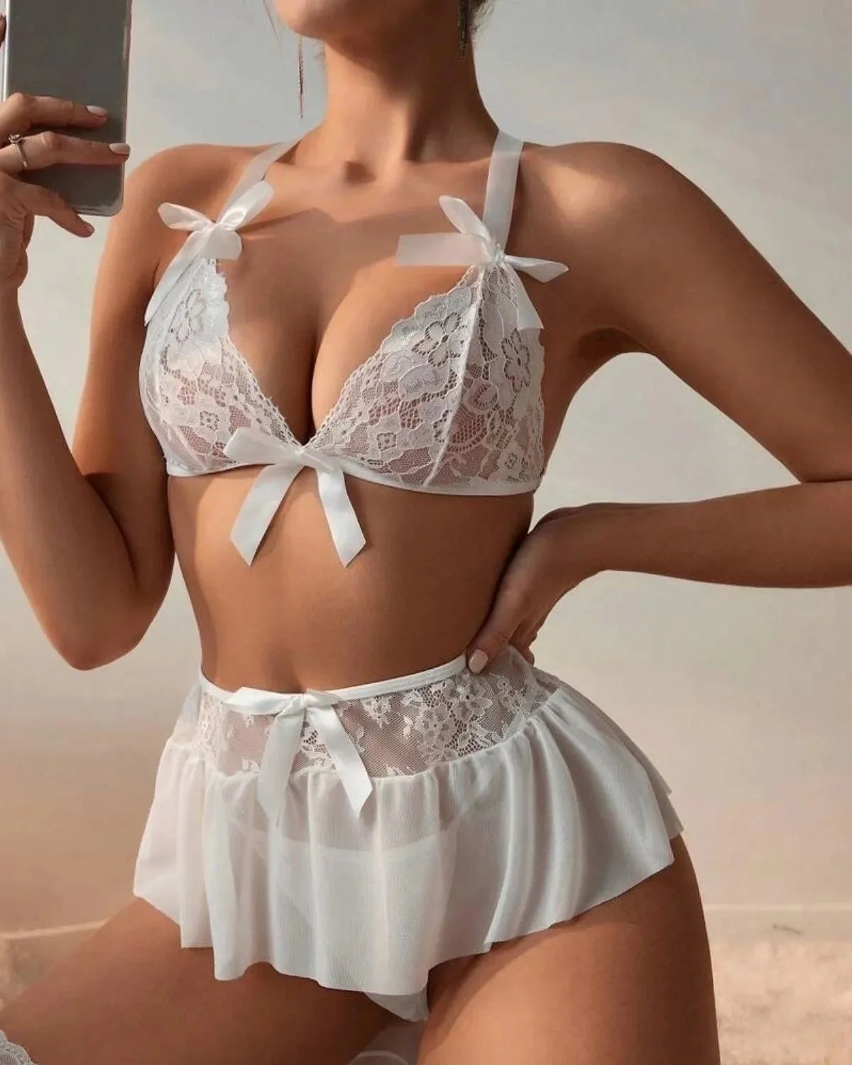 Lesca Fantazi Beyaz Dantelli Fiyonklu Seksi Babydol