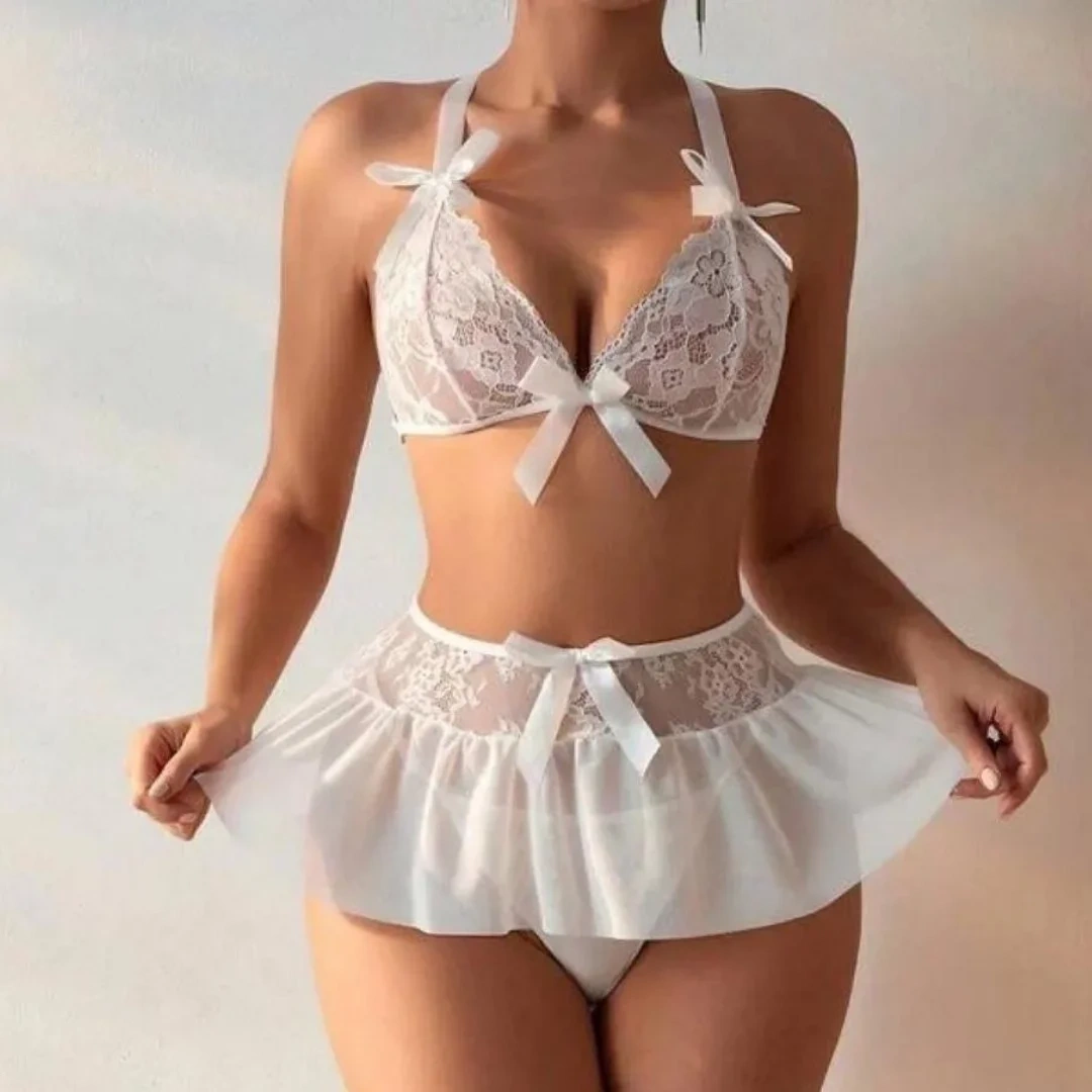 Lesca Fantazi Beyaz Dantelli Fiyonklu Seksi Babydol