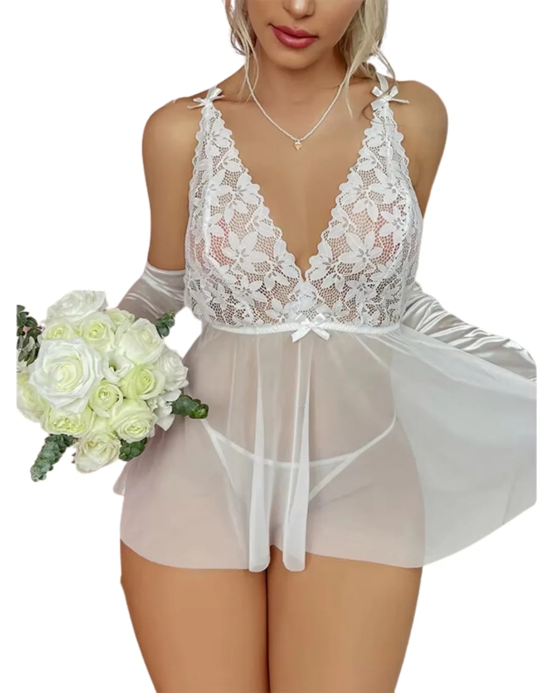 Lesca Fantezi Beyaz Dantelli Transparan Tül Etekli Seksi Elbise Gecelik