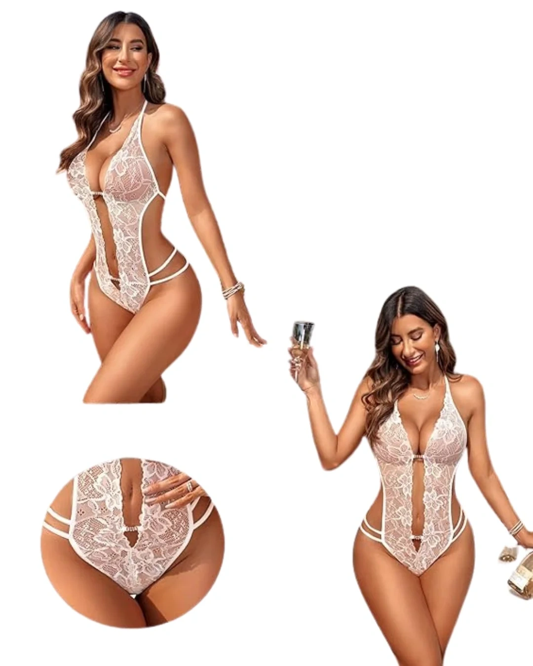 Lesca Fantezi Beyaz Dantelli Zincirli Seksi Babydoll