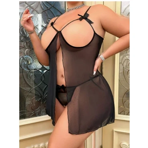 Lesca Fantezi Büyük Beden Göğsü Açık Transparan Gecelik