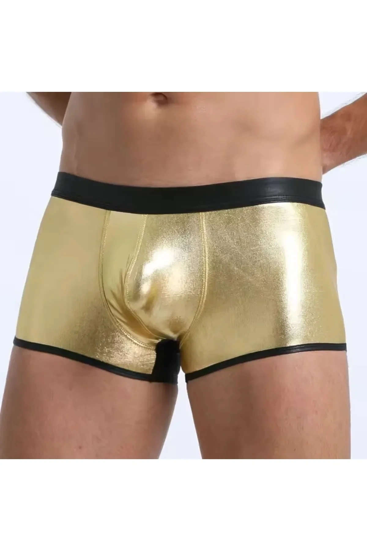 Lesca Fantezi Deri Görünümlü Seksi Altın Erkek Boxer - Fantezi Tanga