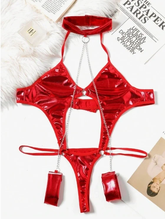 Lesca Fantezi Seksi Zincirli Kelepçeli Lame Gecelik