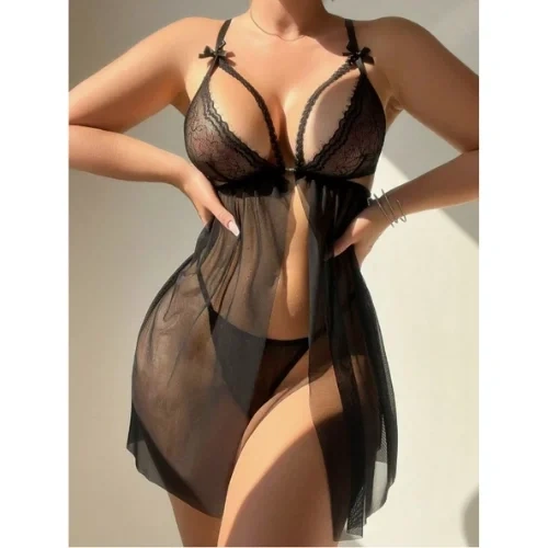 Lesca Fantezi Siyah Dantel Sütyenli Transparan Gecelik